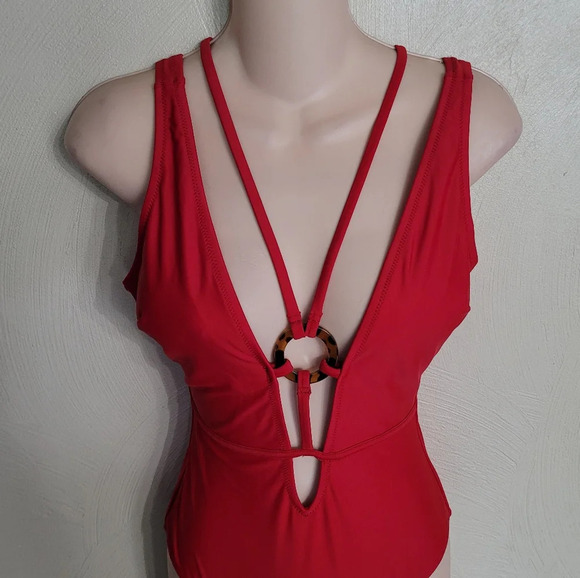 CUPSHE One Piece O Ring Red Strappy Lace Up Monokini Swimsuit Size Small 4-6 NEW - Picture 7 of 14